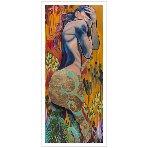 Archival print on matte paper of a painting of an abstract female figure embracing herself as colors and forms dance all around her. 
