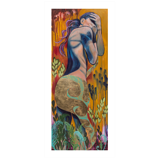 Archival print on matte paper of a painting of an abstract female figure embracing herself as colors and forms dance all around her. 