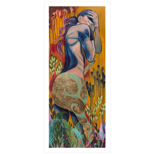 Archival print on matte paper of a painting of an abstract female figure embracing herself as colors and forms dance all around her. 
