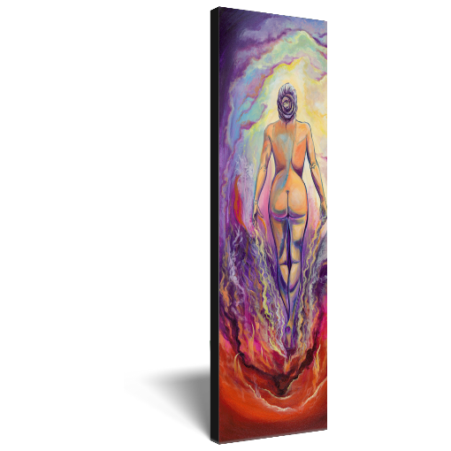 Archival print on canvas of a painting of a vibrant, colorful female figure coming through a red and purple inferno into a soft glowing sky. 