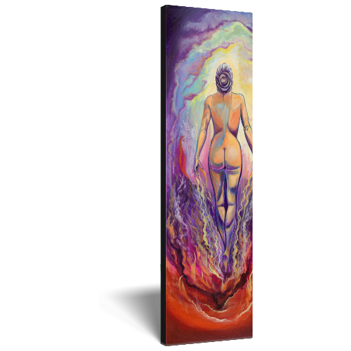 Archival print on canvas of a painting of a vibrant, colorful female figure coming through a red and purple inferno into a soft glowing sky. 
