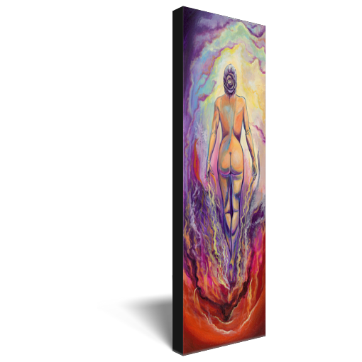 Archival print on canvas of a painting of a vibrant, colorful female figure coming through a red and purple inferno into a soft glowing sky. 