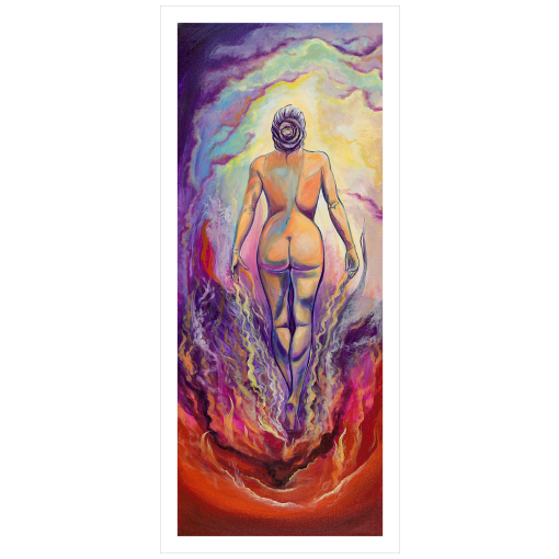 Archival print on matte paper of a painting of a vibrant, colorful female figure coming through a red and purple inferno into a soft glowing sky.