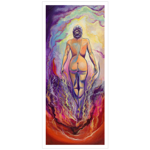 Archival print on matte paper of a painting of a vibrant, colorful female figure coming through a red and purple inferno into a soft glowing sky.