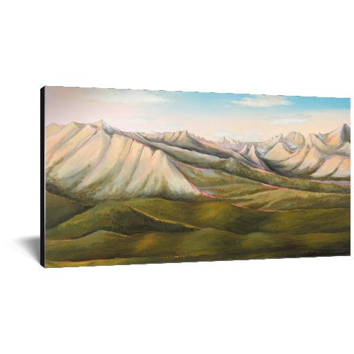 Archival print on canvas of a contemporary landscape painting of Idaho's Sawtooth Mountains and green rolling foothills under a pale blue sky.