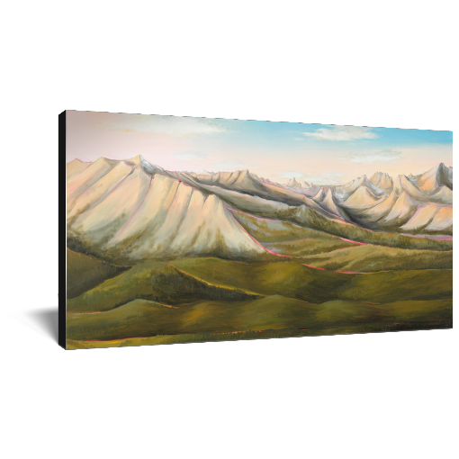 Archival print on canvas of a contemporary landscape painting of Idaho's Sawtooth Mountains and green rolling foothills under a pale blue sky.