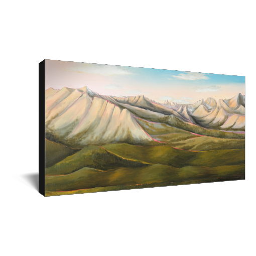 Archival print on canvas of a contemporary landscape painting of Idaho's Sawtooth Mountains and green rolling foothills under a pale blue sky.