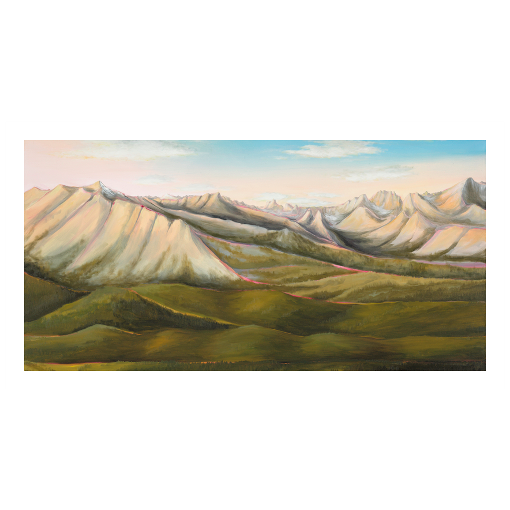 Archival print on matte paper of a contemporary landscape painting of Idaho's Sawtooth Mountains and green rolling foothills under a pale blue sky.
