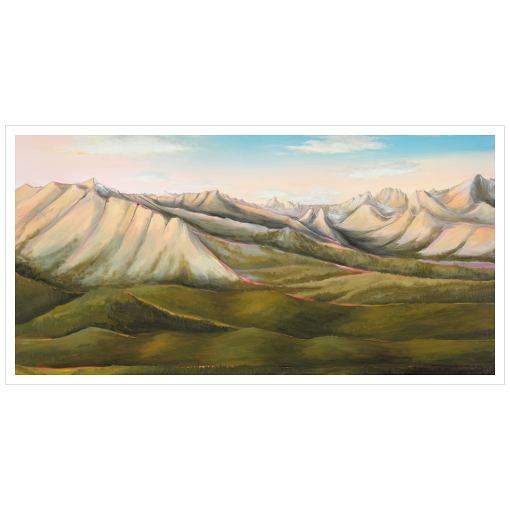 Archival print on matte paper of a contemporary landscape painting of Idaho's Sawtooth Mountains and green rolling foothills under a pale blue sky.