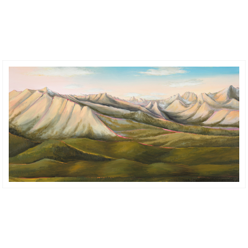 Archival print on matte paper of a contemporary landscape painting of Idaho's Sawtooth Mountains and green rolling foothills under a pale blue sky.