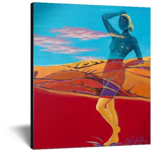Archival print on canvas of a painting of a cosmic, ethereal female figure posing in a foothill landscape of reds and oranges under a turquoise blue sky with wispy clouds. 