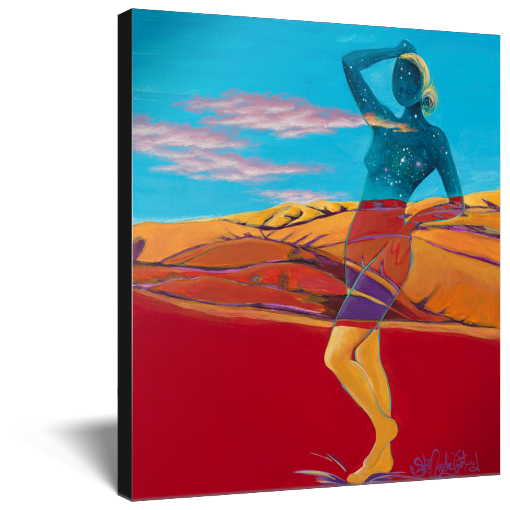 Archival print on canvas of a painting of a cosmic, ethereal female figure posing in a foothill landscape of reds and oranges under a turquoise blue sky with wispy clouds. 