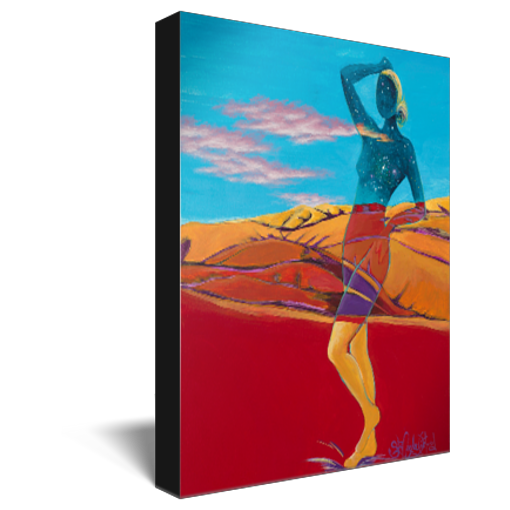 Archival print on canvas of a painting of a cosmic, ethereal female figure posing in a foothill landscape of reds and oranges under a turquoise blue sky with wispy clouds. 