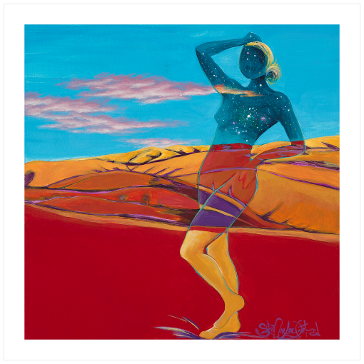Archival print on matte paper of a painting of a cosmic, ethereal female figure posing in a foothill landscape of reds and oranges under a turquoise blue sky with wispy clouds. 