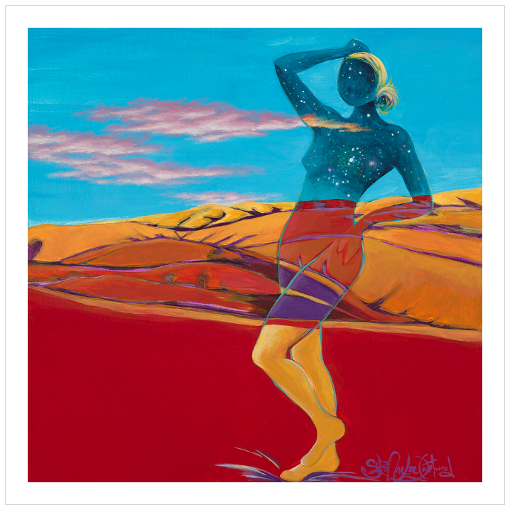 Archival print on matte paper of a painting of a cosmic, ethereal female figure posing in a foothill landscape of reds and oranges under a turquoise blue sky with wispy clouds. 