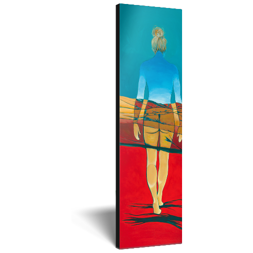 Archival print on canvas of a painting of an ethereal female figure walking through a foothill landscape in reds and oranges under a turquoise blue sky. 