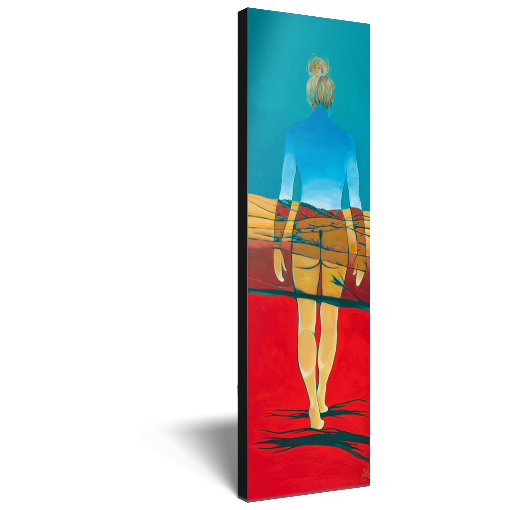 Archival print on canvas of a painting of an ethereal female figure walking through a foothill landscape in reds and oranges under a turquoise blue sky. 