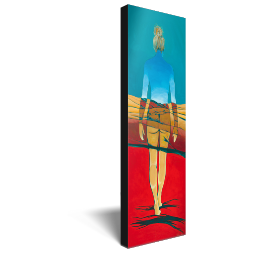 Archival print on canvas of a painting of an ethereal female figure walking through a foothill landscape in reds and oranges under a turquoise blue sky. 