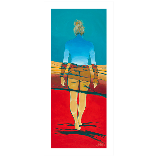 Archival print on canvas of a painting of an ethereal female figure walking through a foothill landscape in reds and oranges under a turquoise blue sky.