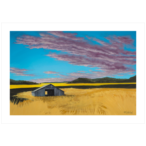 Archival print on matte paper of a contemporary rural landscape painting of a rustic barn sitting in a yellow field with green hills in the distance under a blue sky filled with purple fluffy clouds. 