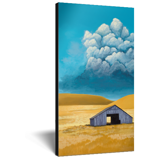 Archival print on canvas of a contemporary rural landscape painting of a rustic wooden barn sitting in a yellow field with distant hills under a blue sky with a storm rolling in. 