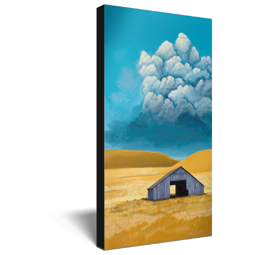 Archival print on canvas of a contemporary rural landscape painting of a rustic wooden barn sitting in a yellow field with distant hills under a blue sky with a storm rolling in. 