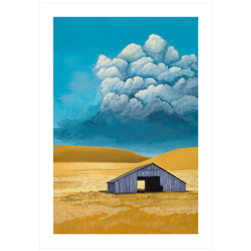 Archival print on matte paper of a contemporary rural landscape painting of a rustic wooden barn sitting in a yellow field with distant hills under a blue sky with a storm rolling in. 