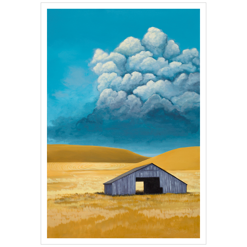 Archival print on matte paper of a contemporary rural landscape painting of a rustic wooden barn sitting in a yellow field with distant hills under a blue sky with a storm rolling in. 