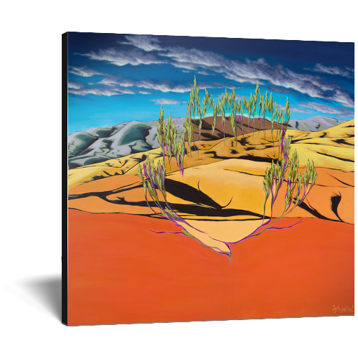 Archival print on canvas of a painting of a bright orange contemporary landscape with wispy green trees, foothills, and a deep blue sky with clouds. 