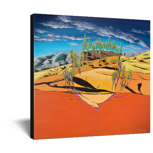 Archival print on canvas of a painting of a bright orange contemporary landscape with wispy green trees, foothills, and a deep blue sky with clouds. 