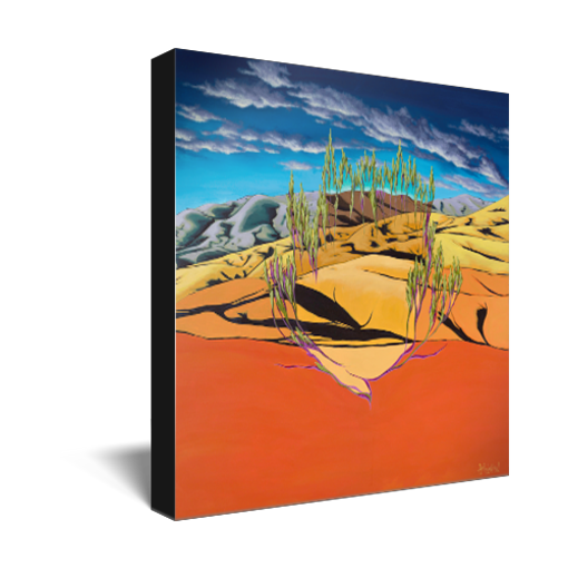 Archival print on canvas of a painting of a bright orange contemporary landscape with wispy green trees, foothills, and a deep blue sky with clouds. 