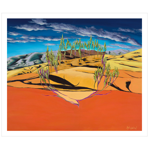 Archival print on matte paper of a painting of a bright orange contemporary landscape with wispy green trees, foothills, and a deep blue sky with clouds. 
