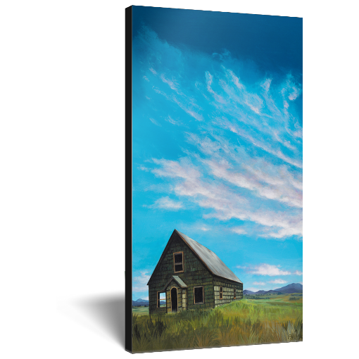 Archival print on canvas of a contemporary rural landscape painting of an abandoned green house sitting in a green filed under blue skies near McCall, Idaho. 