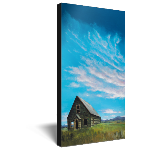 Archival print on canvas of a contemporary rural landscape painting of an abandoned green house sitting in a green filed under blue skies near McCall, Idaho. 