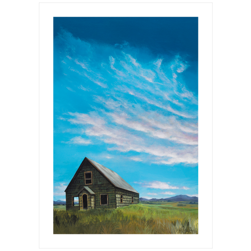 Archival print on matte paper of a contemporary rural landscape painting of an abandoned green house sitting in a green filed under blue skies near McCall, Idaho. 