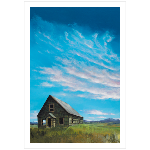 Archival print on matte paper of a contemporary rural landscape painting of an abandoned green house sitting in a green filed under blue skies near McCall, Idaho. 