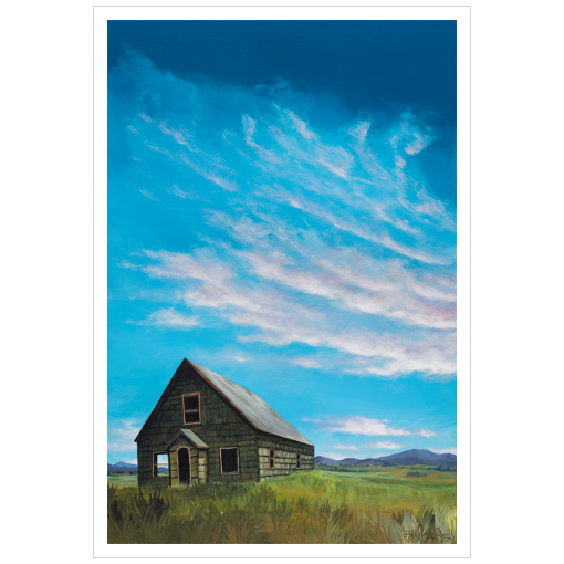 Archival print on matte paper of a contemporary rural landscape painting of an abandoned green house sitting in a green filed under blue skies near McCall, Idaho. 