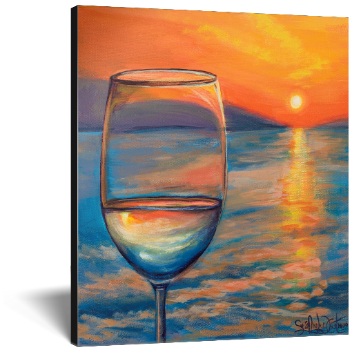 Archival print on canvas of a contemporary seascape painting of a glass of white wine refracting a bright orange sunset reflecting off the ocean. 