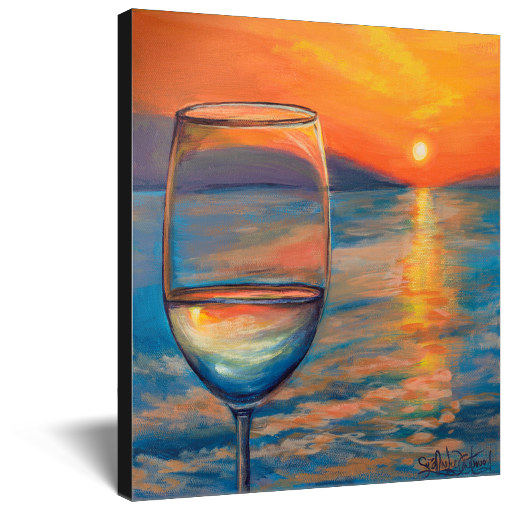 Archival print on canvas of a contemporary seascape painting of a glass of white wine refracting a bright orange sunset reflecting off the ocean. 