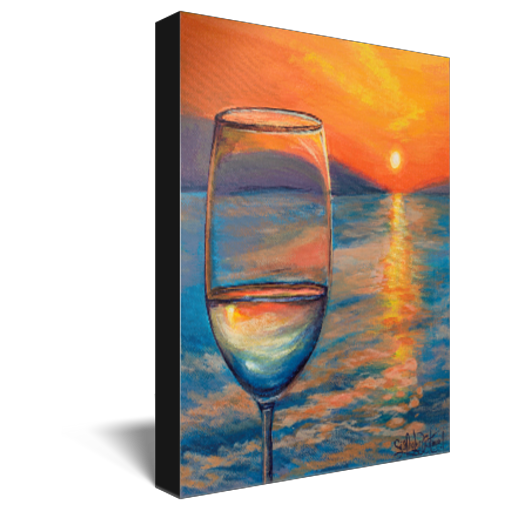 Archival print on canvas of a contemporary seascape painting of a glass of white wine refracting a bright orange sunset reflecting off the ocean. 