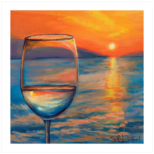 Archival print on matte paper of a contemporary seascape painting of a glass of white wine refracting a bright orange sunset reflecting off the ocean. 
