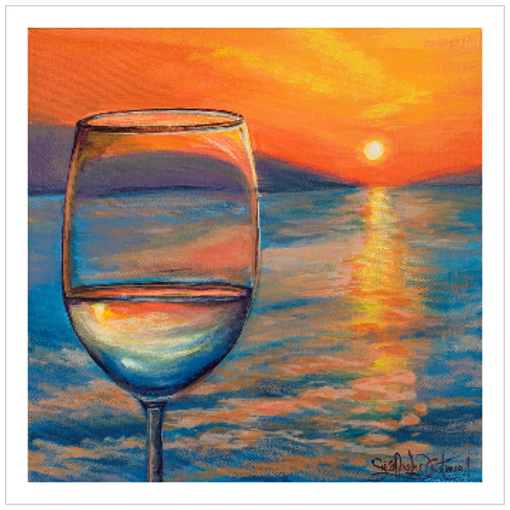 Archival print on matte paper of a contemporary seascape painting of a glass of white wine refracting a bright orange sunset reflecting off the ocean. 