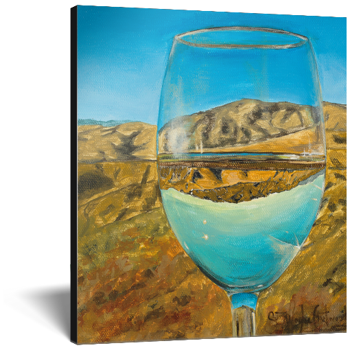 Archival print on canvas of a contemporary landscape painting of a glass of white wine refracting a summertime foothills landscape under a bright blue sky. 