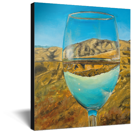 Archival print on canvas of a contemporary landscape painting of a glass of white wine refracting a summertime foothills landscape under a bright blue sky. 