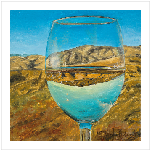 Archival print on matte paper of a contemporary landscape painting of a glass of white wine refracting a summertime foothills landscape under a bright blue sky.