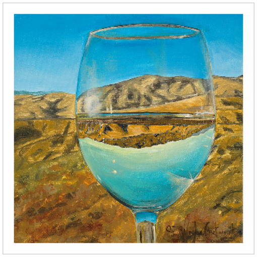 Archival print on matte paper of a contemporary landscape painting of a glass of white wine refracting a summertime foothills landscape under a bright blue sky.