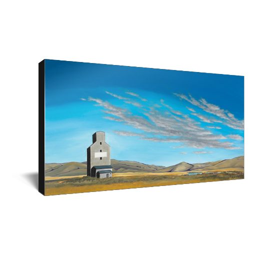 Archival print on canvas of a contemporary rural landscape painting of a grain silo sitting in a field with hills on the horizon under a big blue sky. 