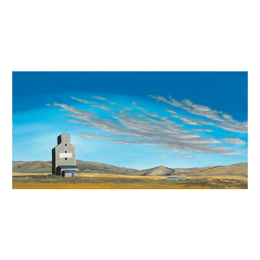 Archival print on matte paper of a contemporary rural landscape painting of a grain silo sitting in a field with hills on the horizon under a big blue sky. 