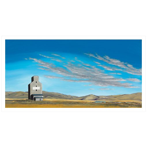 Archival print on matte paper of a contemporary rural landscape painting of a grain silo sitting in a field with hills on the horizon under a big blue sky. 