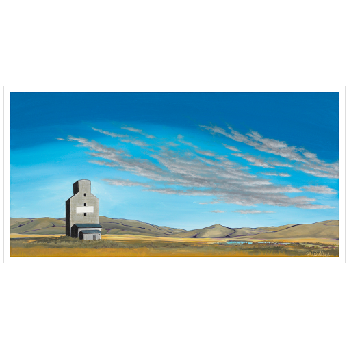 Archival print on matte paper of a contemporary rural landscape painting of a grain silo sitting in a field with hills on the horizon under a big blue sky. 